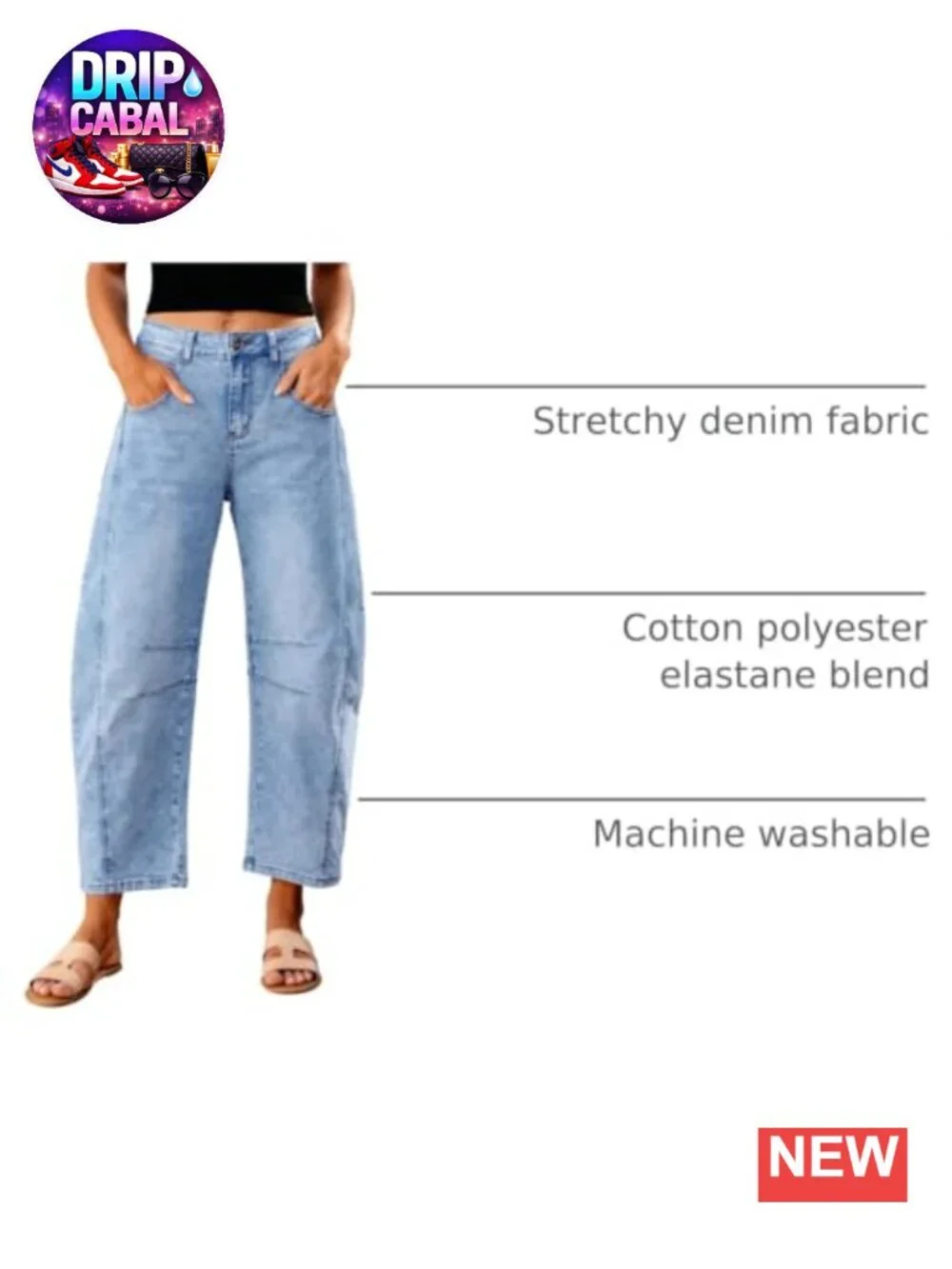 High Waist Baggy Cropped Stretch Denim Barrel Jeans Women 26